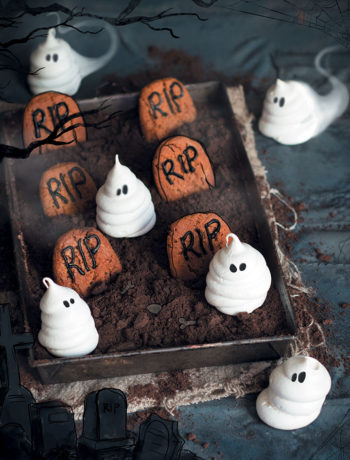 Friendly ghost meringues in a death-by-chocolate mousse graveyard