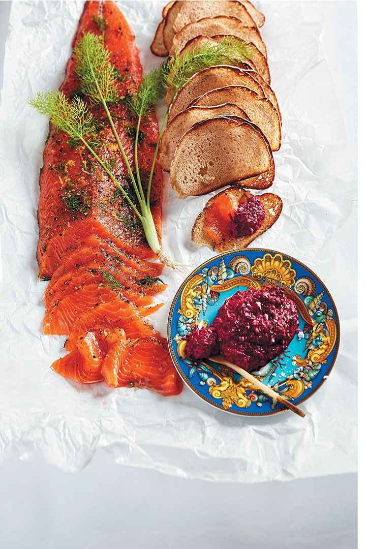 Gravlax with beetroot yoghurt and Melba wafers recipe