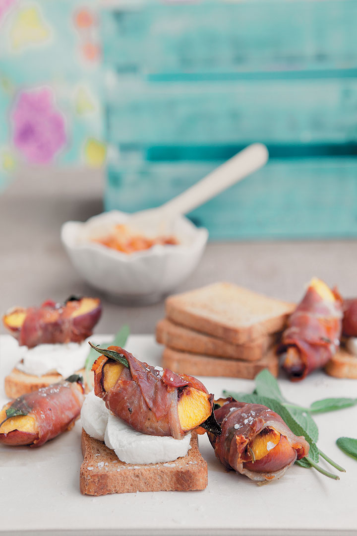 Grilled peaches wrapped in sage and Parma ham with a creamy chilli sauce recipe