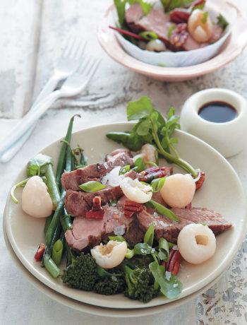 Grilled pork, litchi and green salad with a soy sauce dressing recipe