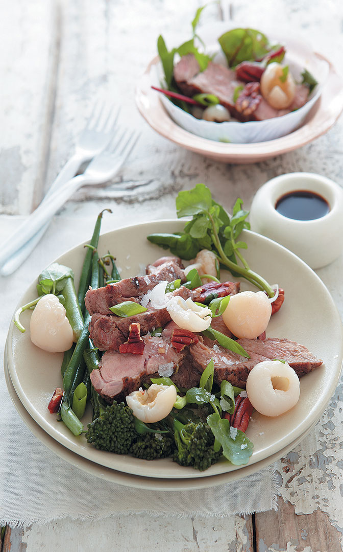 Grilled pork, litchi and green salad with a soy sauce dressing recipe