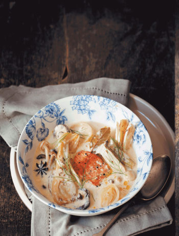 Grilled salmon in a creamy fennel, shallot and mushroom broth recipe
