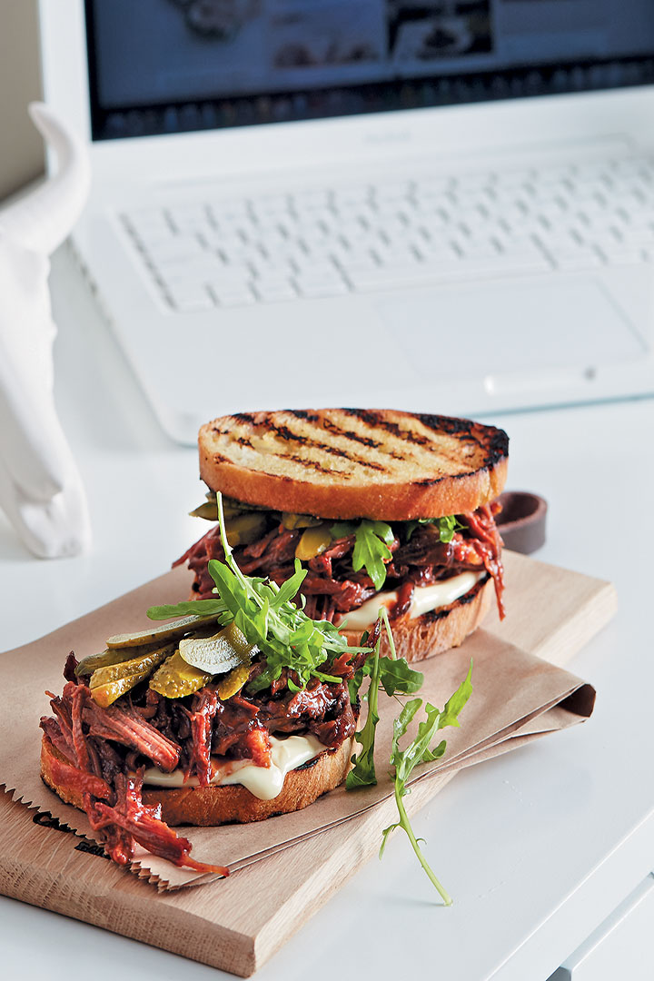 Grilled sandwich of BBQ beef brisket with mayo, gherkins and wild rocket recipe