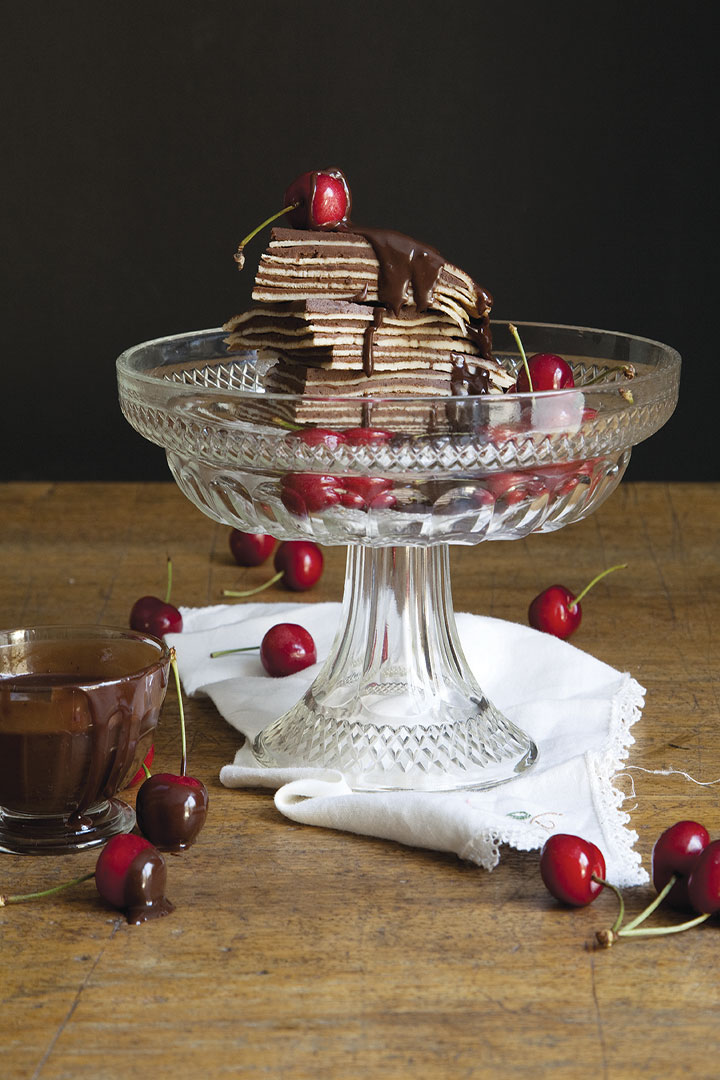 Layered Black Forest pancake stack with cherries and whipped chocolate ganache recipe