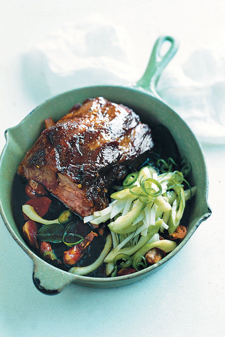 Lemon grass pork with salted cucumber and apple salad recipe