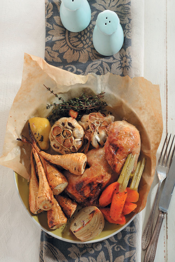 Lemon-roasted chicken with parsnips recipe