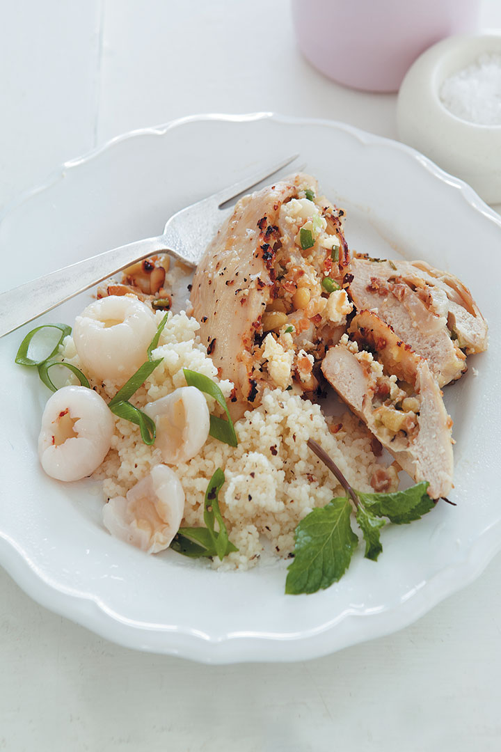 Litchi, pine nut and feta stuffed chicken breast with spring onion couscous recipe