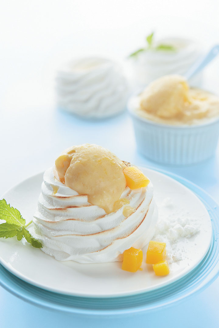Mango custard ice cream in meringue nests recipe