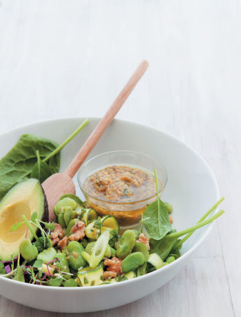 Marinated baby marrow, broad bean and walnut salad with lime and olive dressing recipe