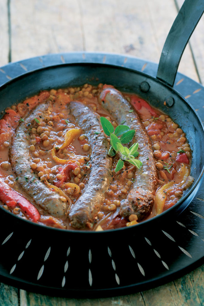 Ostrich sausages with tomato and lentils recipe