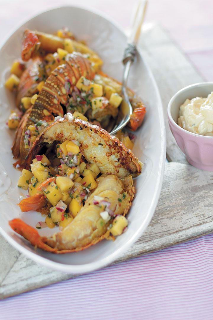 Pan-fried lobster tails with mango and mint salsa served with lemon aïoli recipe
