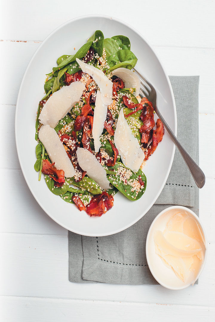 Pancetta and baby spinach salad with miso dressing recipe
