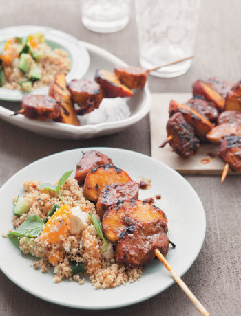 Pork and peach kebabs with peach and cucumber couscous salad recipe