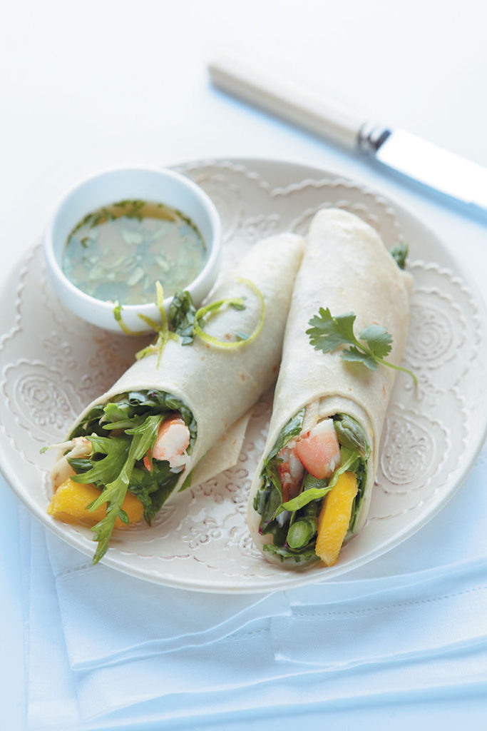 Prawn, mango and asparagus wraps with coriander lime dressing recipe