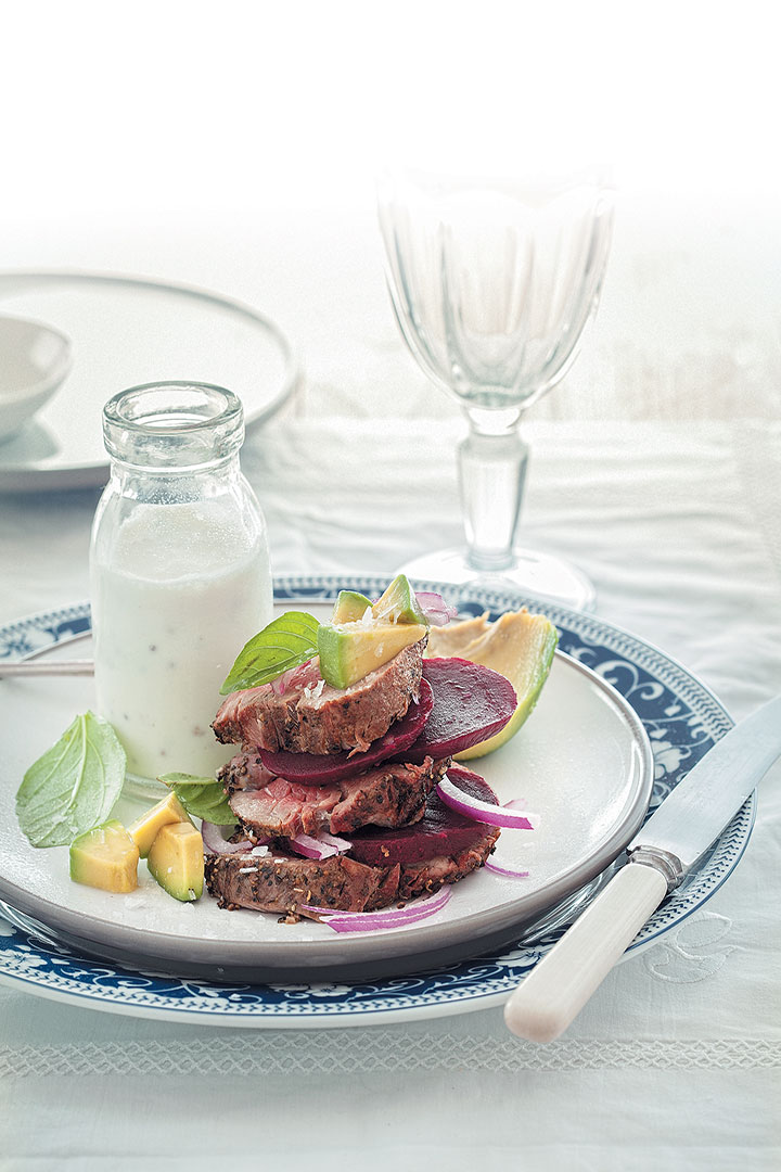 Roasted fillet, onion and avocado towers served with goat’s cheese dressing recipe