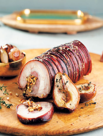 Roasted porchetta with pear and pine nut stuffing recipe