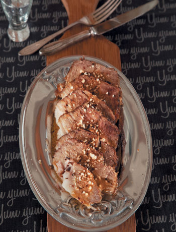 Roasted pork shoulder with hazelnut sauce