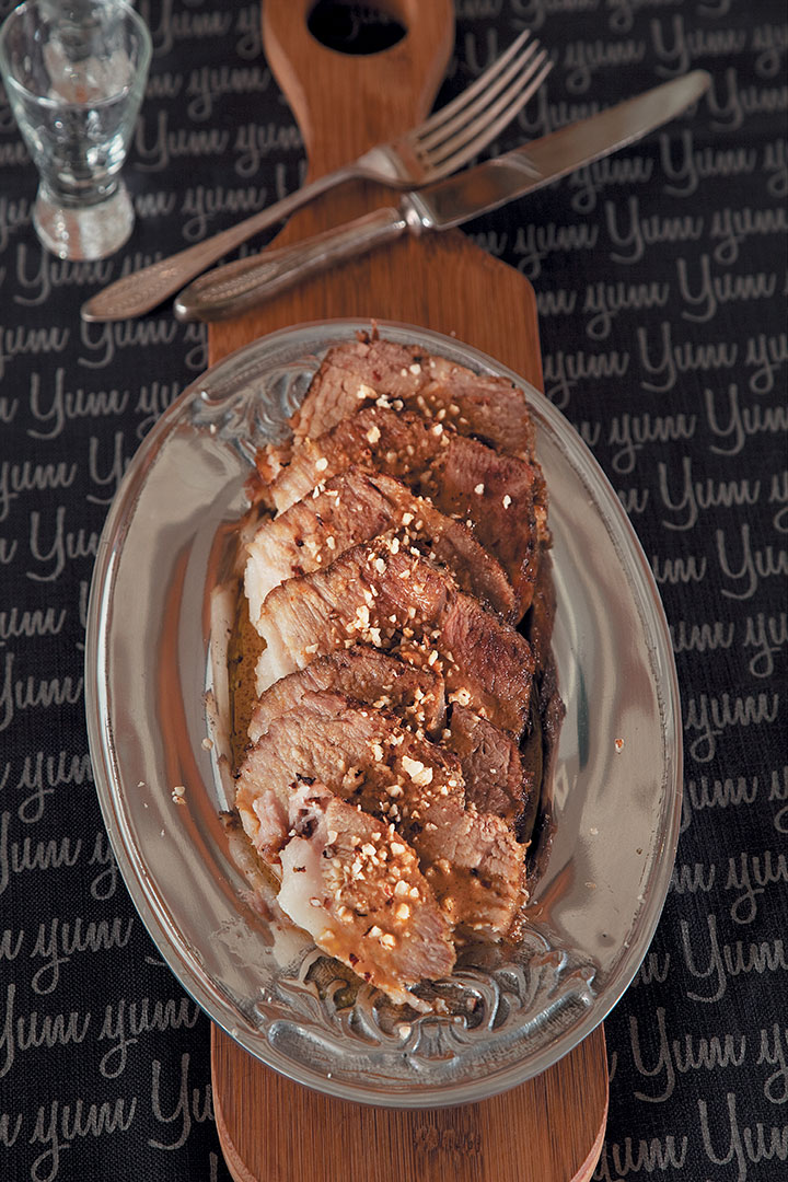 Roasted pork shoulder with hazelnut sauce