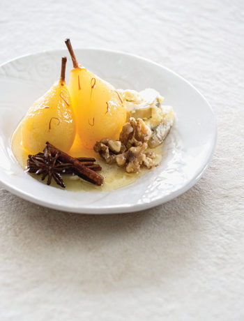 Saffron-spiced poached pears with Gorgonzola walnuts recipe