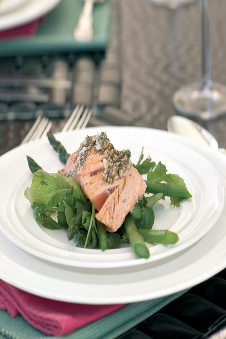 Seared salmon with warm anchovy dressing recipe