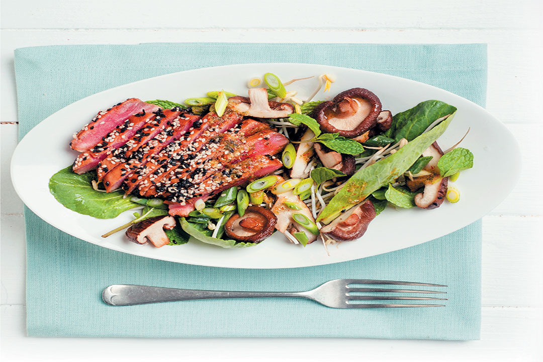 Seared tuna salad with sesame and shiitake mushrooms, Asian leaves and nam jim dressing recipe