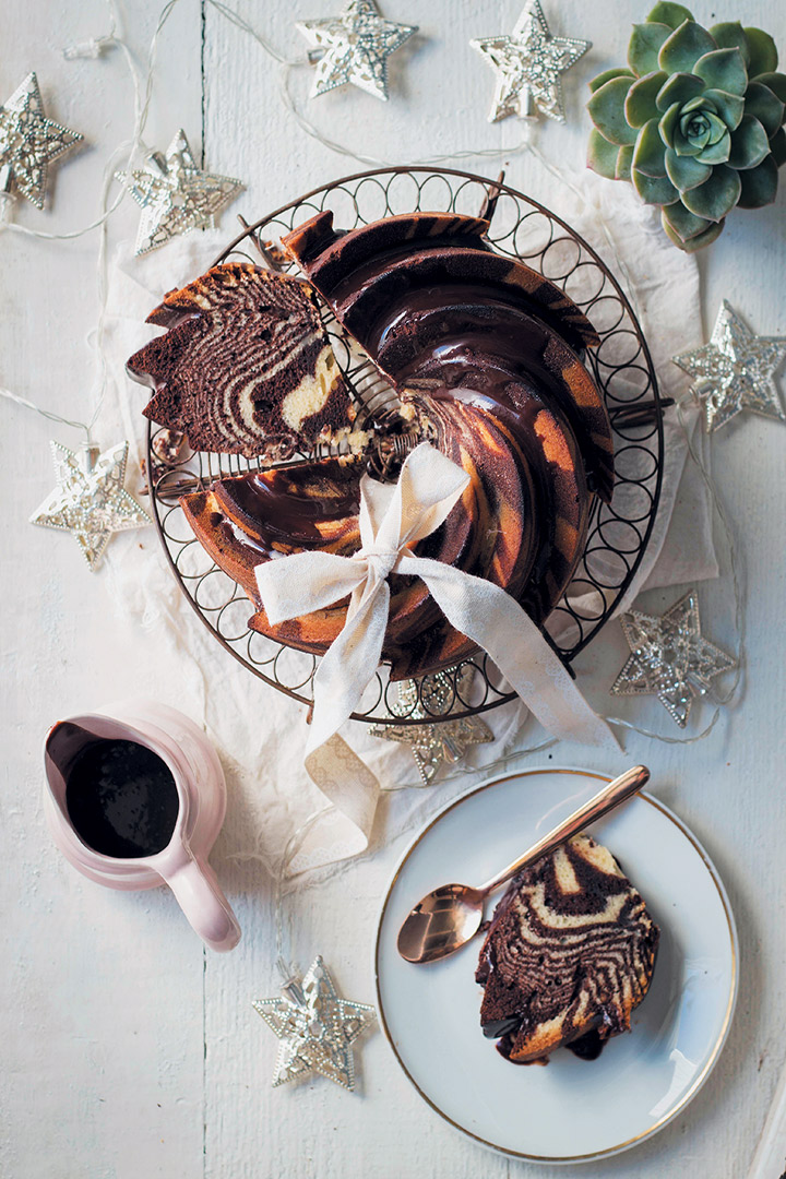 Spiced chocolate and vanilla zebra bundt with Amarula ganache recipe