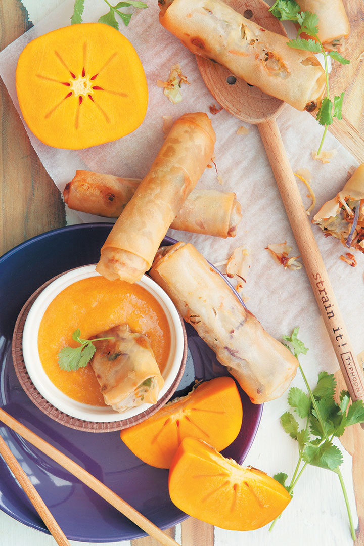 Spicy prawn and vegetable spring rolls with sweet persimmon and ginger dipping sauce