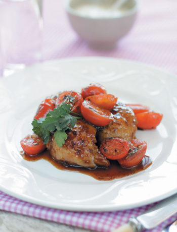 Sticky chicken thighs with warm marinated Rosa tomatoes and chunky tzatziki recipe