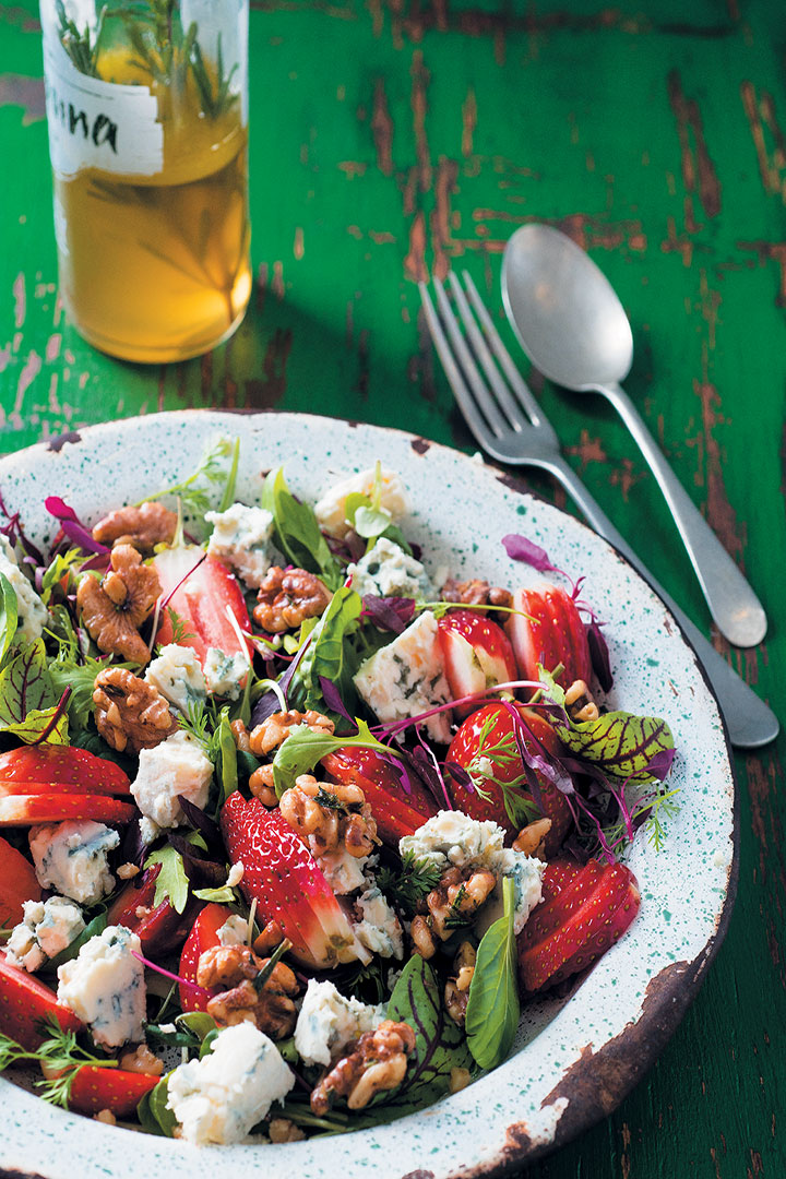 Strawberry, baby herb, walnut and blue cheese salad recipe