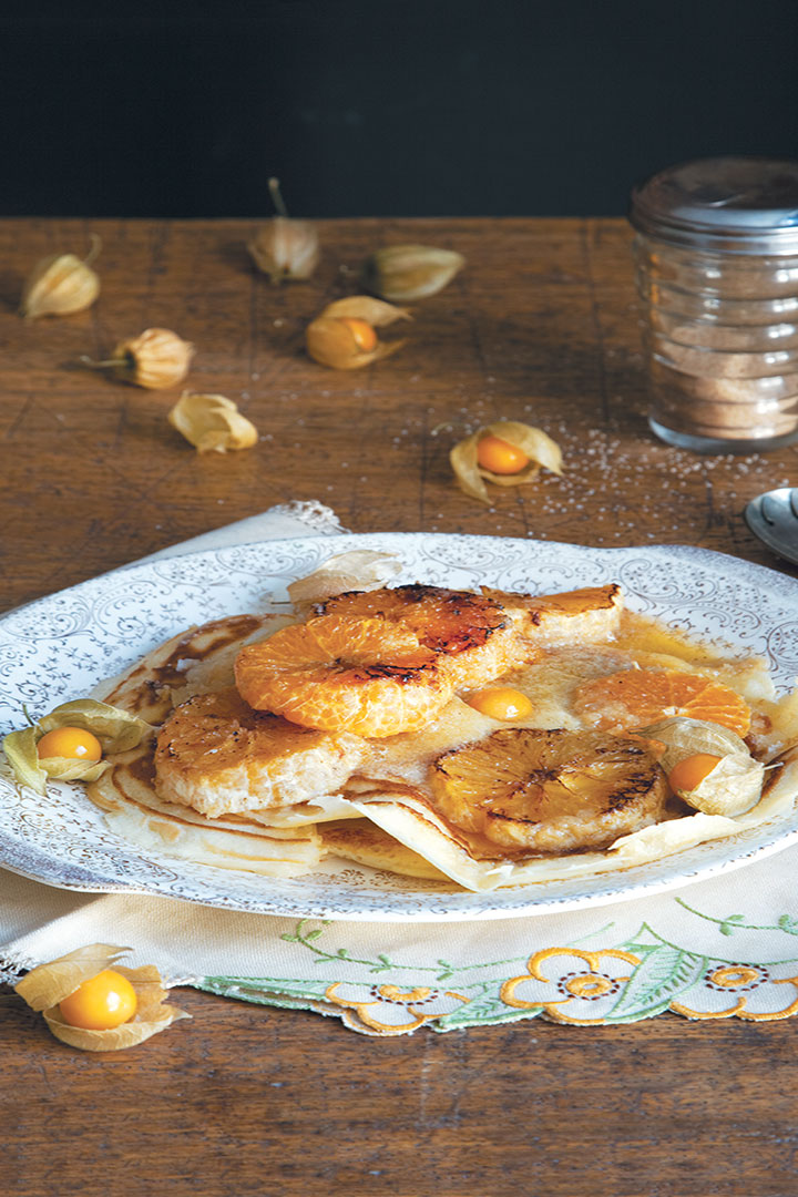 Traditional pancakes with frangipane filling and caramelised naartjies recipe