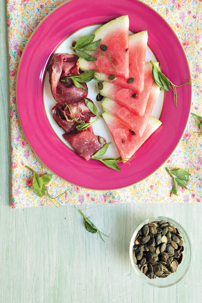 Watermelon, smoked beef and pumpkin seed platter recipe