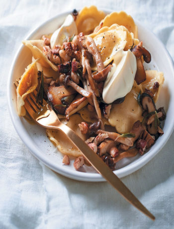 Butternut pansotti with buttery wild mushrooms, rosemary and pecan nuts recipe