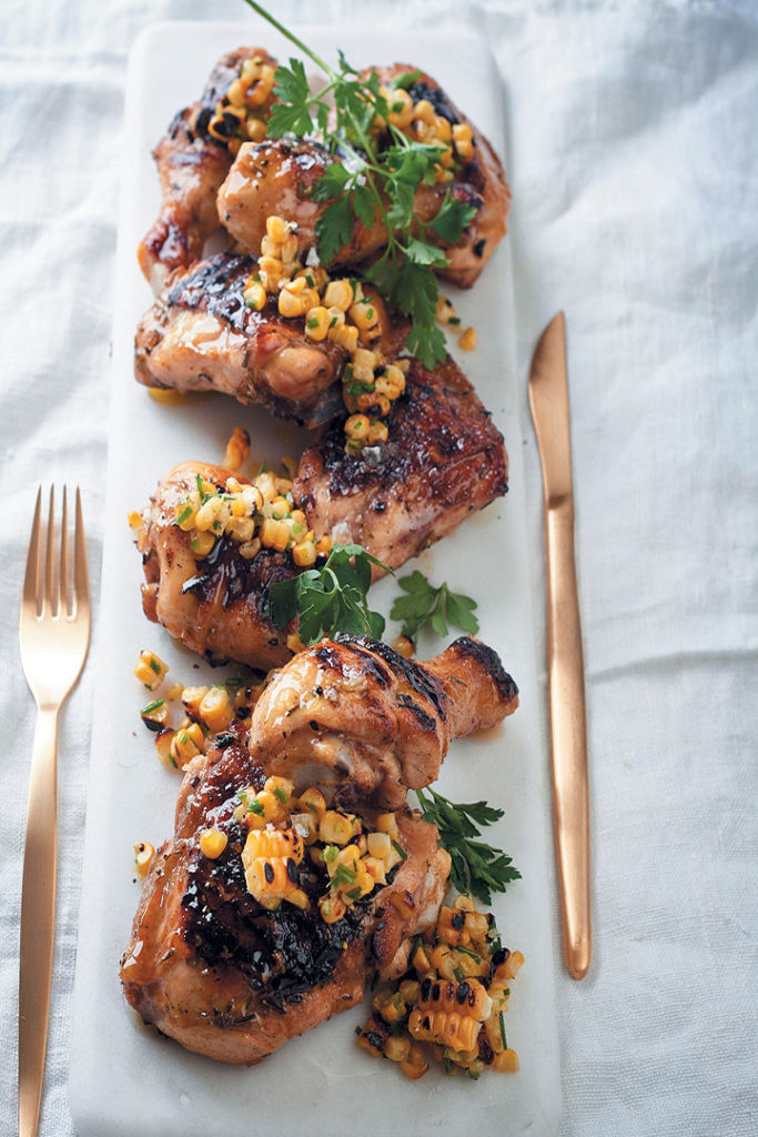 Chargrilled chicken pieces with corn, green chilli and chive salsa recipes