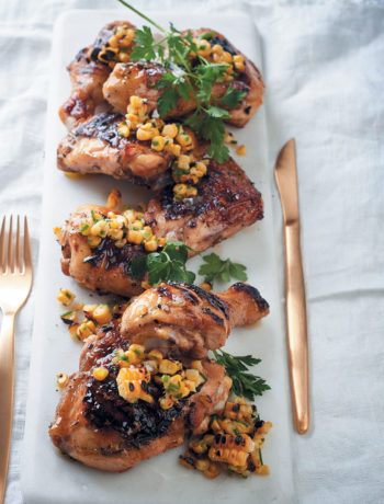 Chargrilled chicken pieces with corn, green chilli and chive salsa