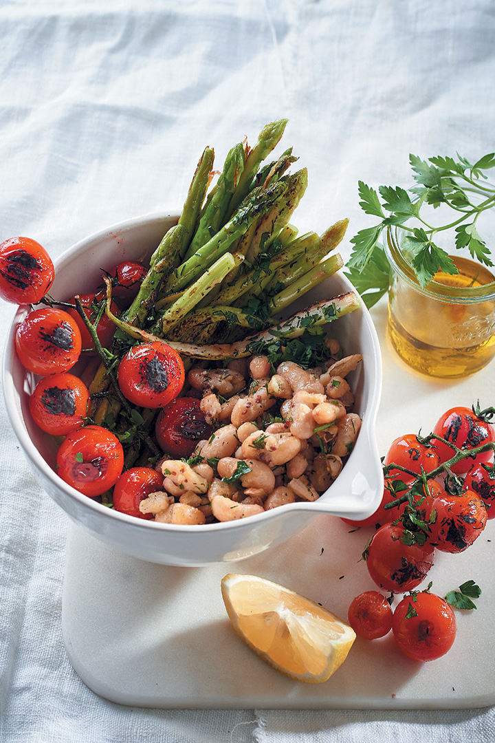 Warm cannellini bean salad with herbs, vine tomatoes & asparagus recipe