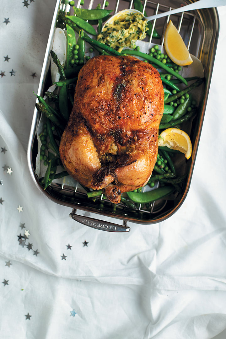 Baby marrow and cream cheese-stuffed deboned chicken with summer greens and herb butter recipe