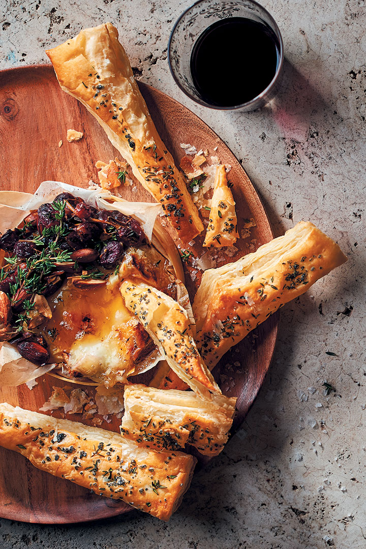 Baked Camembert with honey-roasted grapes, almonds and puff-pastry shards recipe