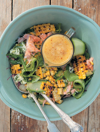 Chargrilled mealie, avocado and flaked salmon salad with spicy pineapple dressing