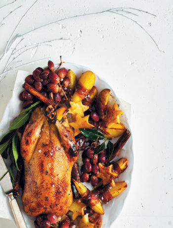 Honey-glazed duck with grapes and potato wedges recipe