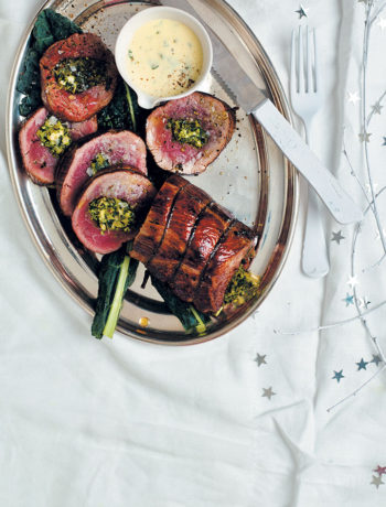 Kale, almond & feta-stuffed fillet with Parmesan and parsley cream recipe