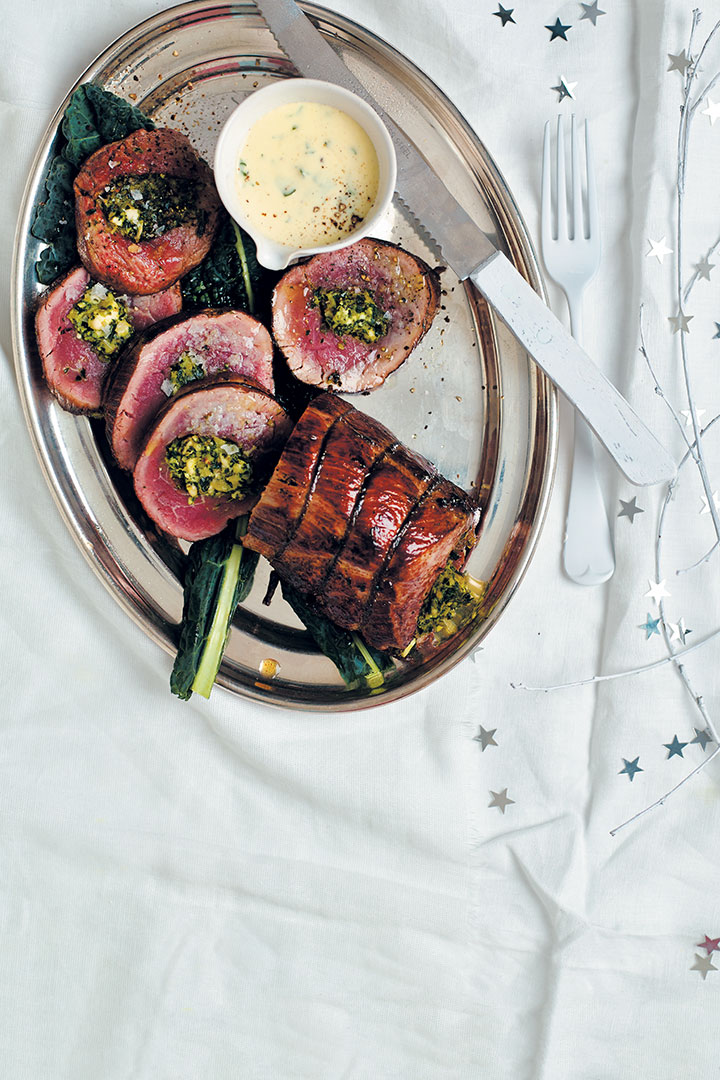 Kale, almond & feta-stuffed fillet with Parmesan and parsley cream recipe