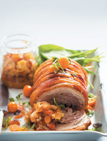 Rolled pork belly with gooseberry and almond chutney