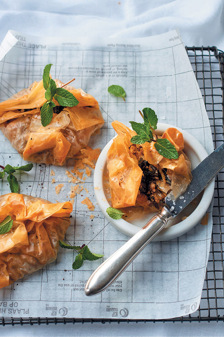 Spiced baby spinach and ricotta filo parcels
