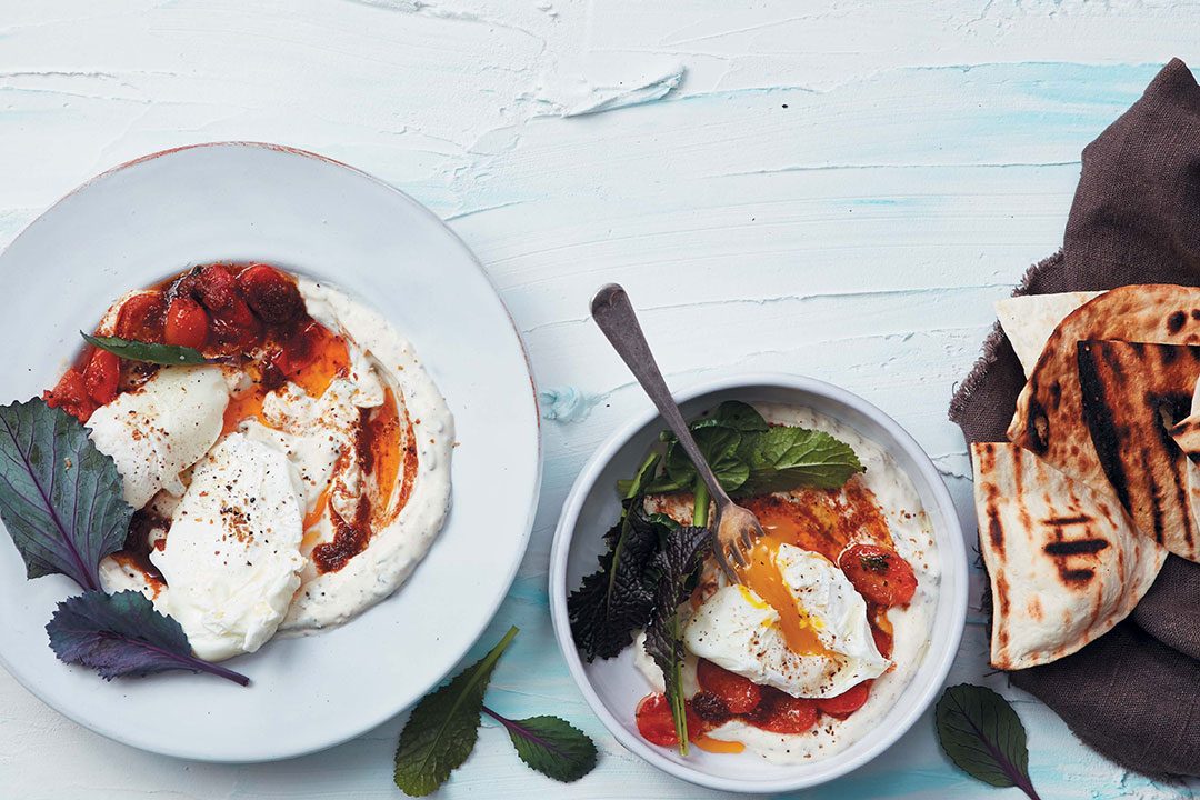 Turkish-style eggs with harissa, tomato and chargrilled flatbreads