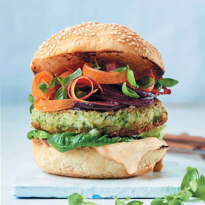 Cannellini bean and courgette burgers with roasted cashew mayo, pickled beetroot and shaved carrot