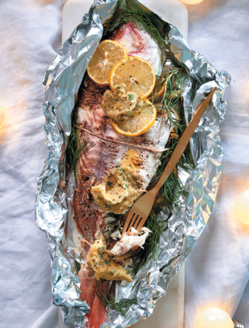 Braaied whole fish with fennel and caper butter