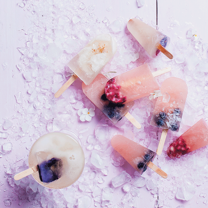 Duo of iced bubbly lollies and rosé ruby grapefruit lollies