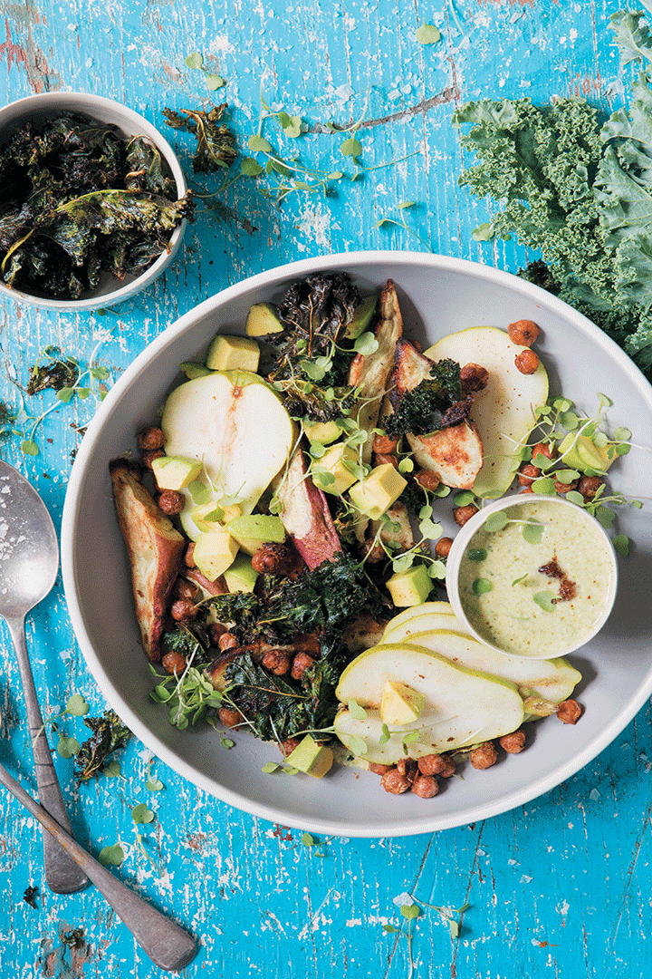 Baked kale salad with roasted sweet potatoes, spicy baked chickpeas and fresh pear recipe