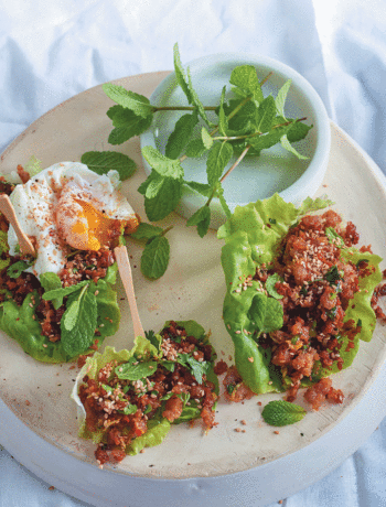 Ginger and chilli pork in lettuce cups topped with a soft-yolk poached egg recipe