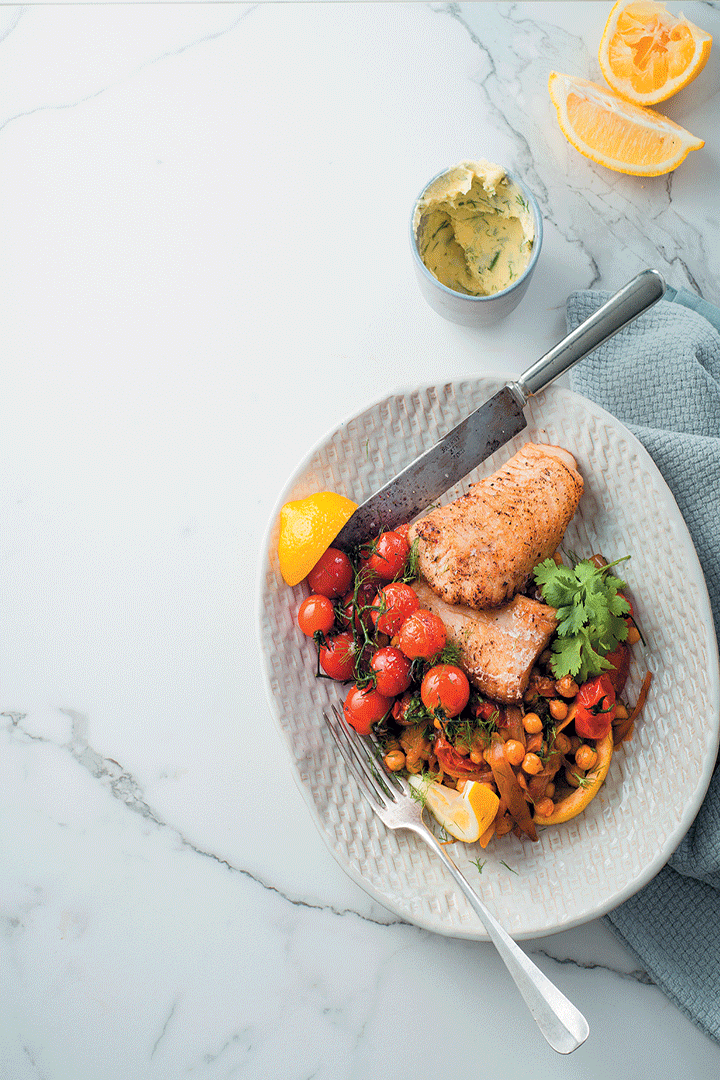 Pan-fried hake with chickpeas, tomatoes and paprika with a lemon-cider butter recipe